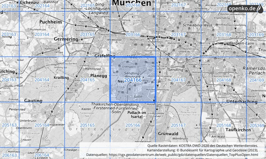 Übersichtskarte des KOSTRA-DWD-2020-Rasterfeldes Nr. 204166