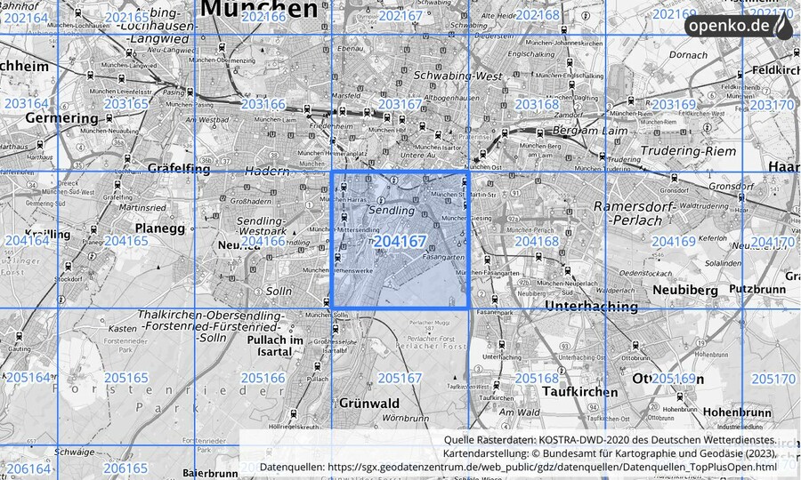 Übersichtskarte des KOSTRA-DWD-2020-Rasterfeldes Nr. 204167