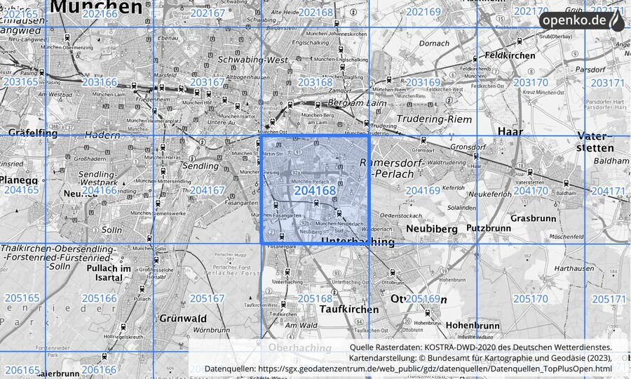 Übersichtskarte des KOSTRA-DWD-2020-Rasterfeldes Nr. 204168