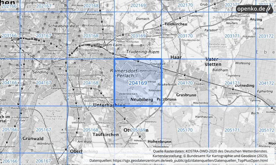 Übersichtskarte des KOSTRA-DWD-2020-Rasterfeldes Nr. 204169