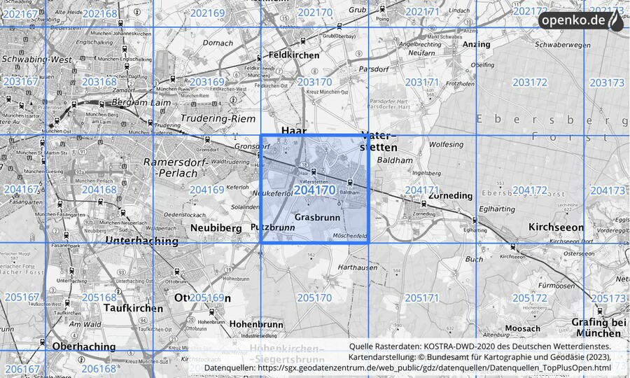 Übersichtskarte des KOSTRA-DWD-2020-Rasterfeldes Nr. 204170