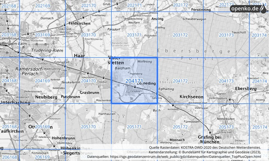 Übersichtskarte des KOSTRA-DWD-2020-Rasterfeldes Nr. 204171