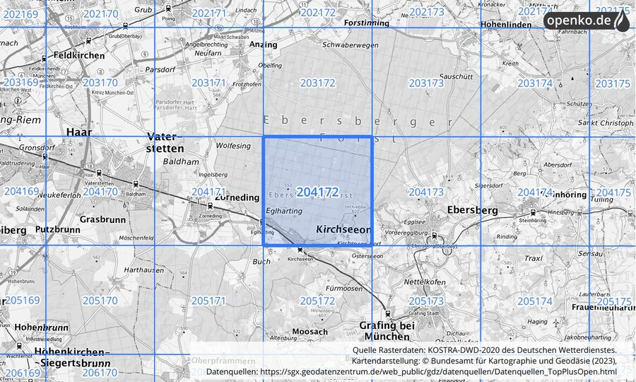 Übersichtskarte des KOSTRA-DWD-2020-Rasterfeldes Nr. 204172