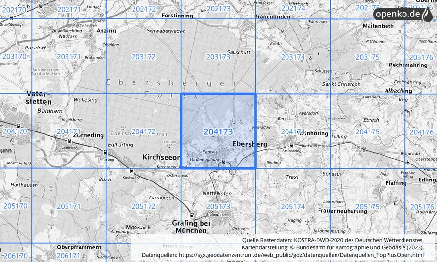 Übersichtskarte des KOSTRA-DWD-2020-Rasterfeldes Nr. 204173