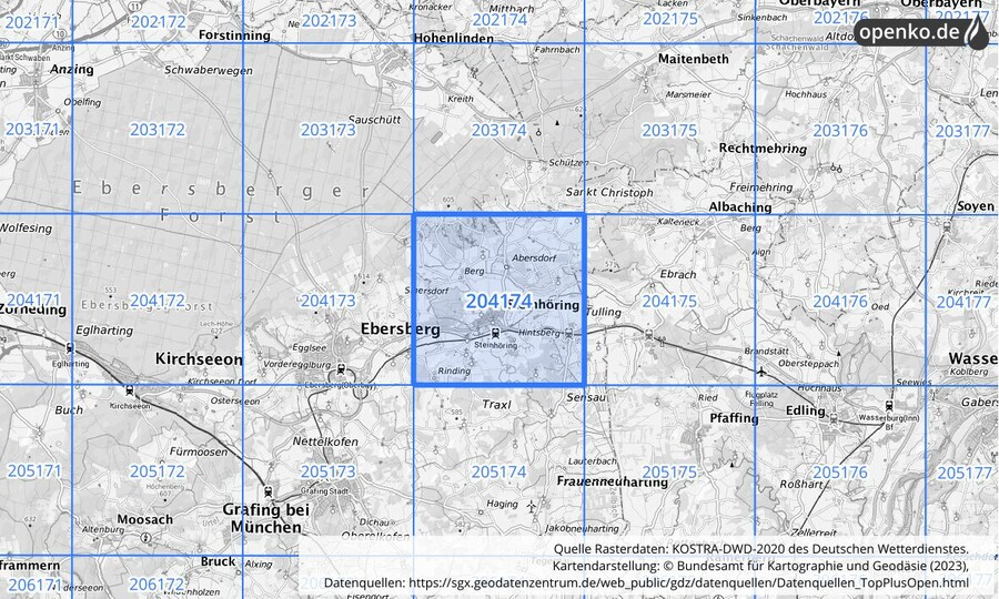 Übersichtskarte des KOSTRA-DWD-2020-Rasterfeldes Nr. 204174