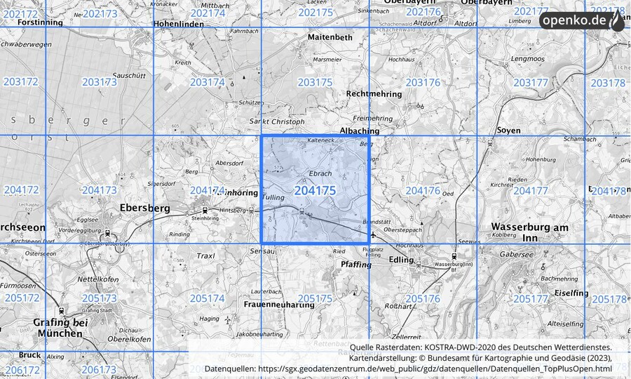 Übersichtskarte des KOSTRA-DWD-2020-Rasterfeldes Nr. 204175