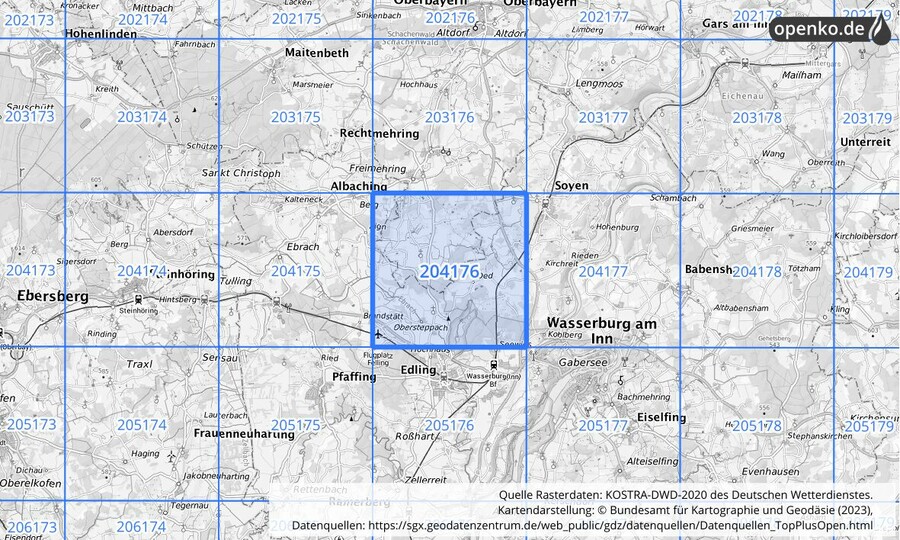 Übersichtskarte des KOSTRA-DWD-2020-Rasterfeldes Nr. 204176