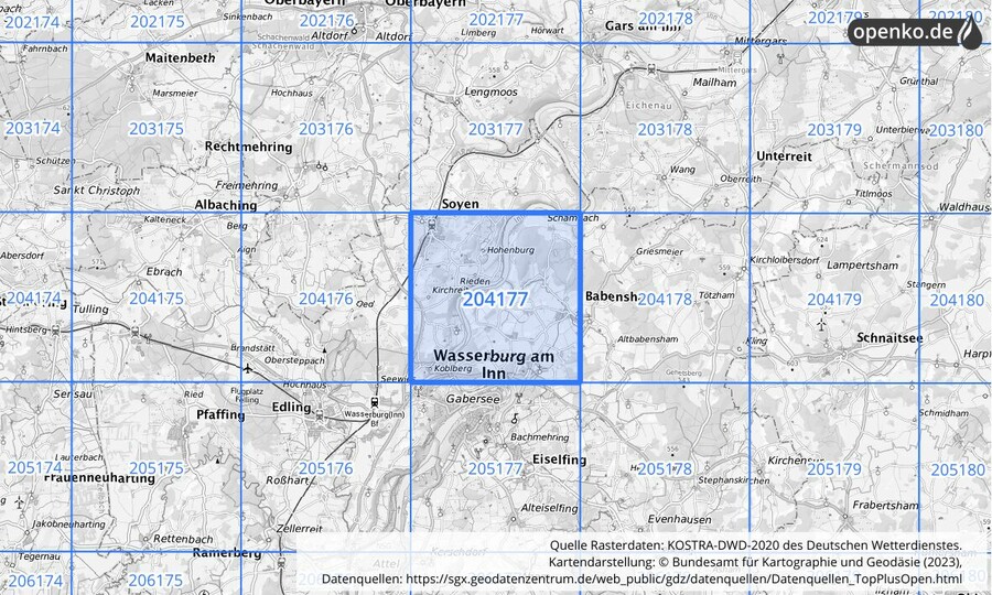 Übersichtskarte des KOSTRA-DWD-2020-Rasterfeldes Nr. 204177