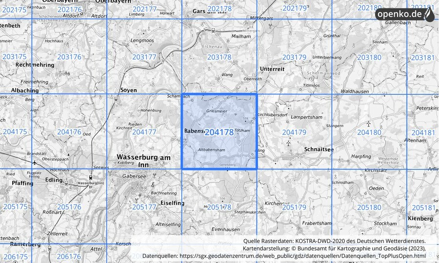 Übersichtskarte des KOSTRA-DWD-2020-Rasterfeldes Nr. 204178