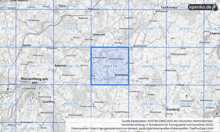 Übersichtskarte des KOSTRA-DWD-2020-Rasterfeldes Nr. 204179