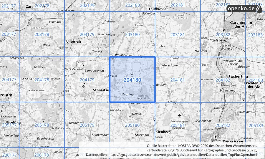 Übersichtskarte des KOSTRA-DWD-2020-Rasterfeldes Nr. 204180