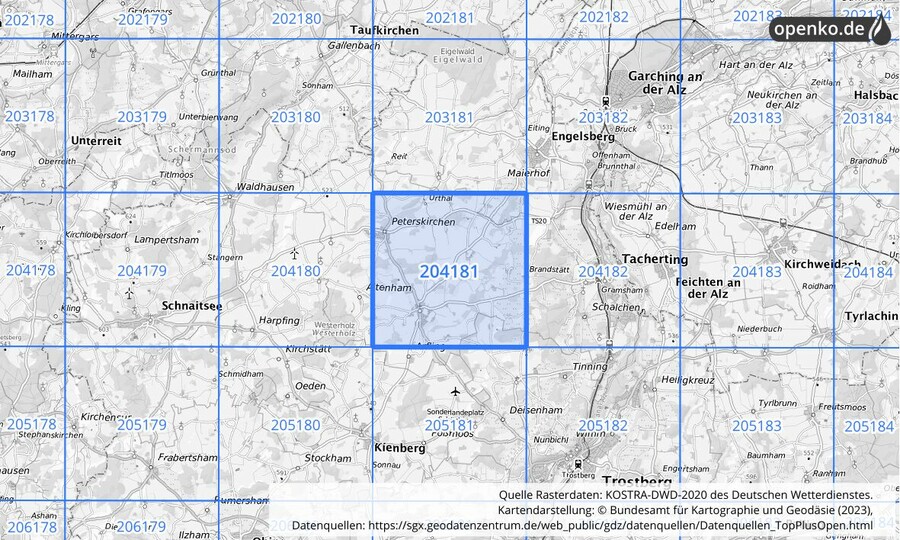 Übersichtskarte des KOSTRA-DWD-2020-Rasterfeldes Nr. 204181