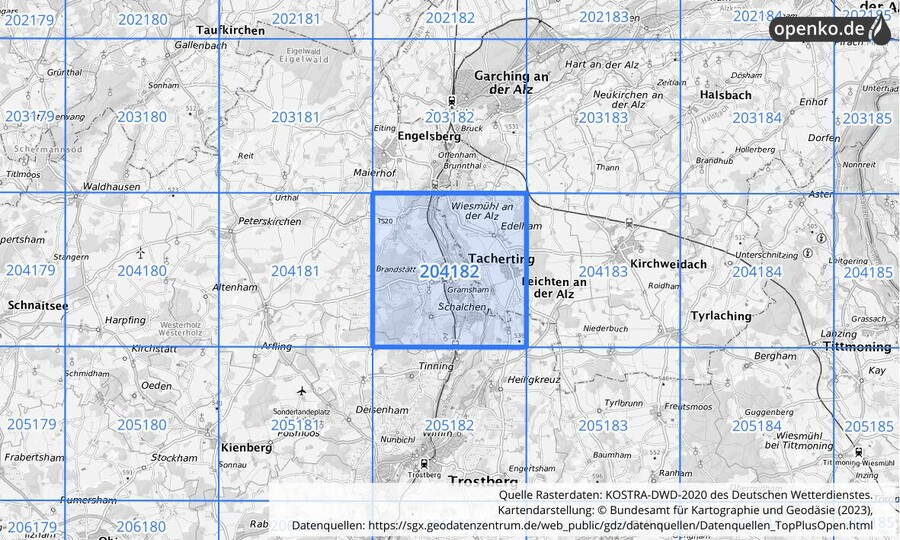 Übersichtskarte des KOSTRA-DWD-2020-Rasterfeldes Nr. 204182