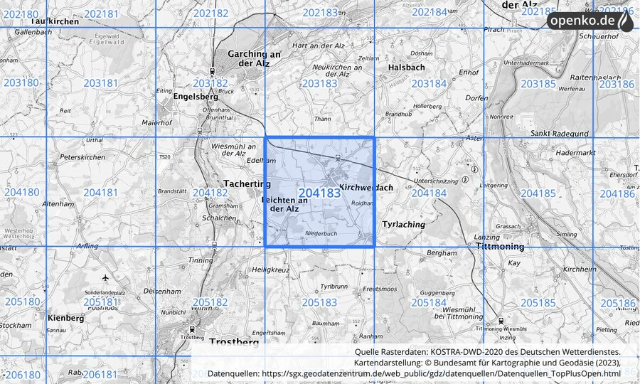 Übersichtskarte des KOSTRA-DWD-2020-Rasterfeldes Nr. 204183