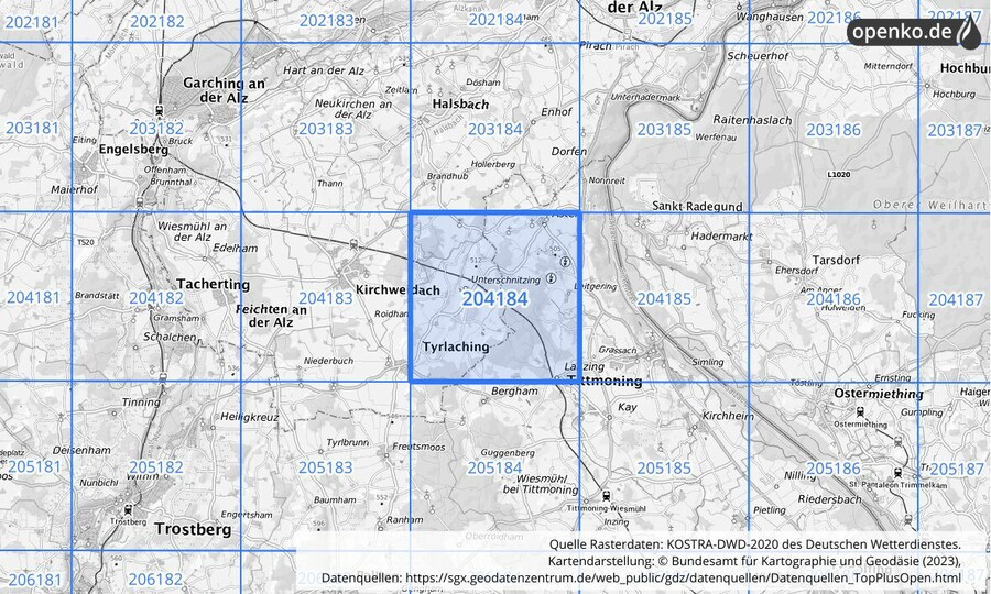 Übersichtskarte des KOSTRA-DWD-2020-Rasterfeldes Nr. 204184