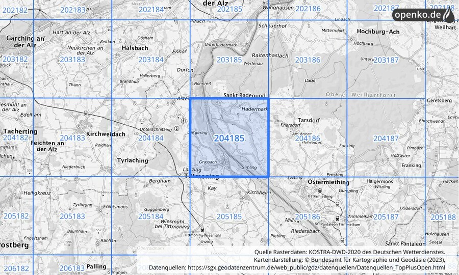 Übersichtskarte des KOSTRA-DWD-2020-Rasterfeldes Nr. 204185