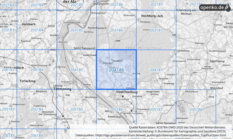 Übersichtskarte des KOSTRA-DWD-2020-Rasterfeldes Nr. 204186