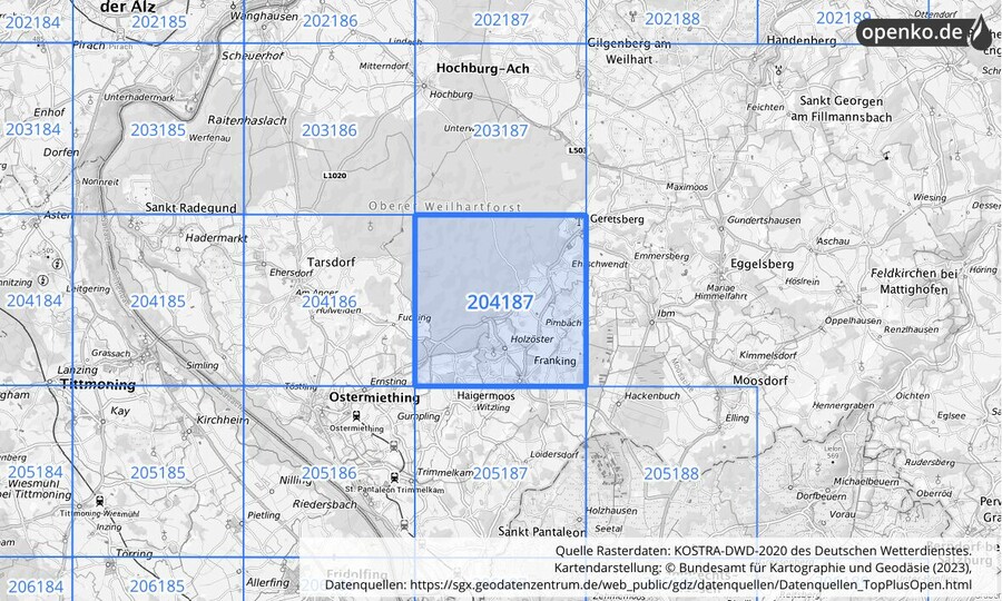 Übersichtskarte des KOSTRA-DWD-2020-Rasterfeldes Nr. 204187