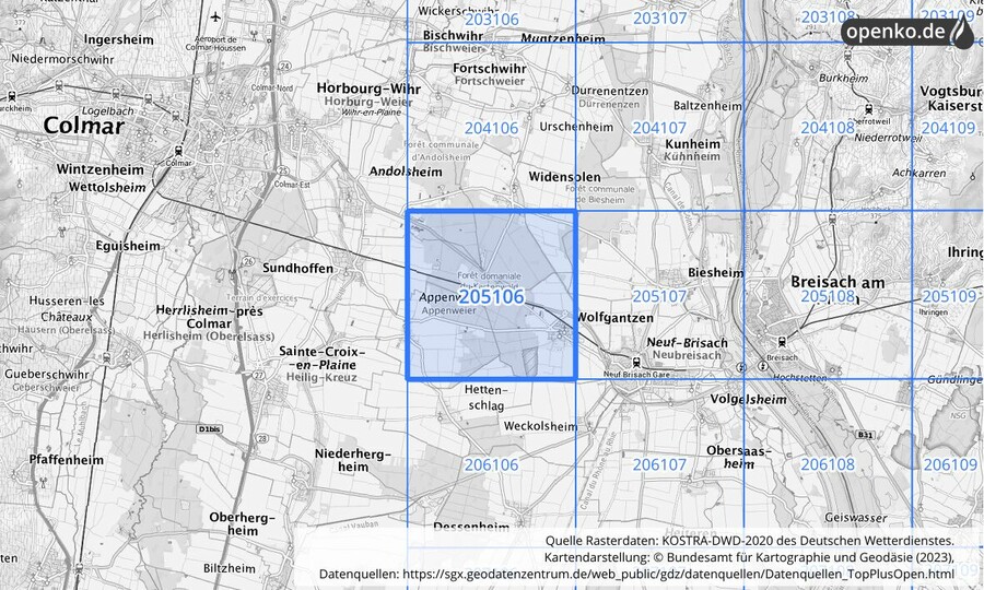 Übersichtskarte des KOSTRA-DWD-2020-Rasterfeldes Nr. 205106