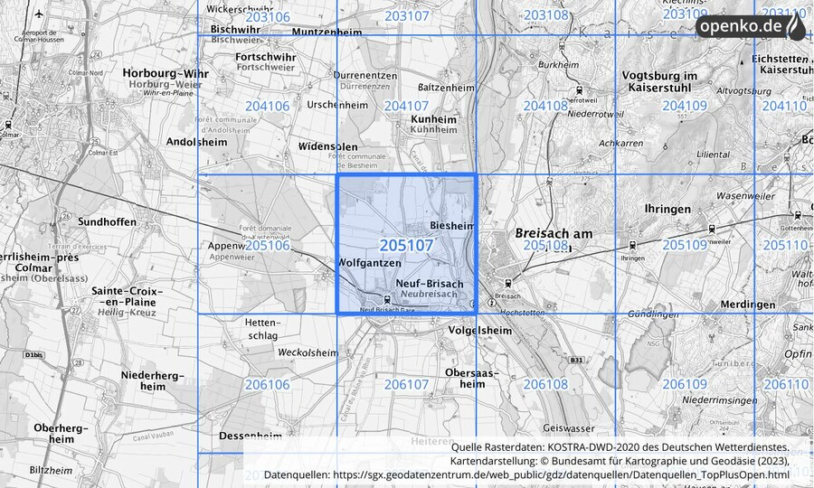 Übersichtskarte des KOSTRA-DWD-2020-Rasterfeldes Nr. 205107