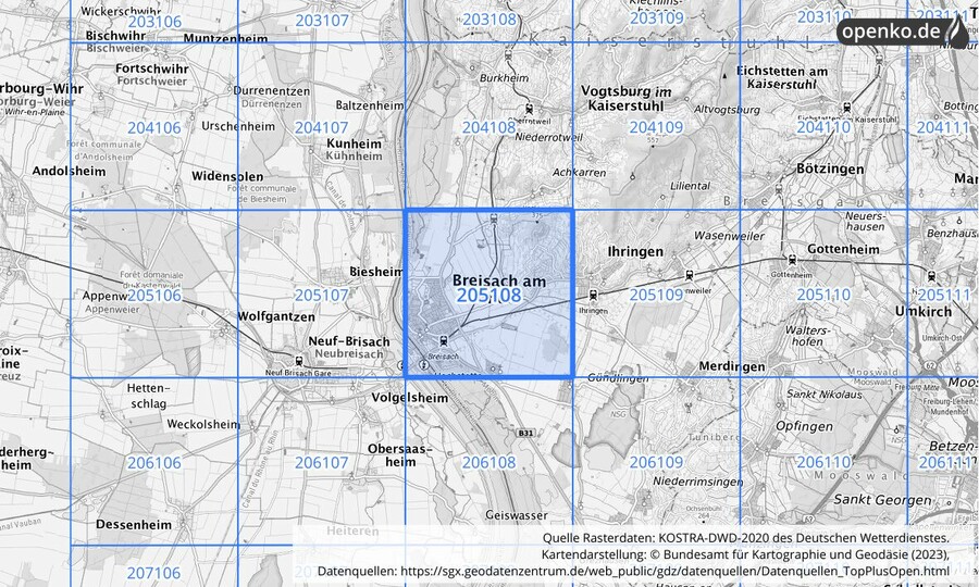 Übersichtskarte des KOSTRA-DWD-2020-Rasterfeldes Nr. 205108