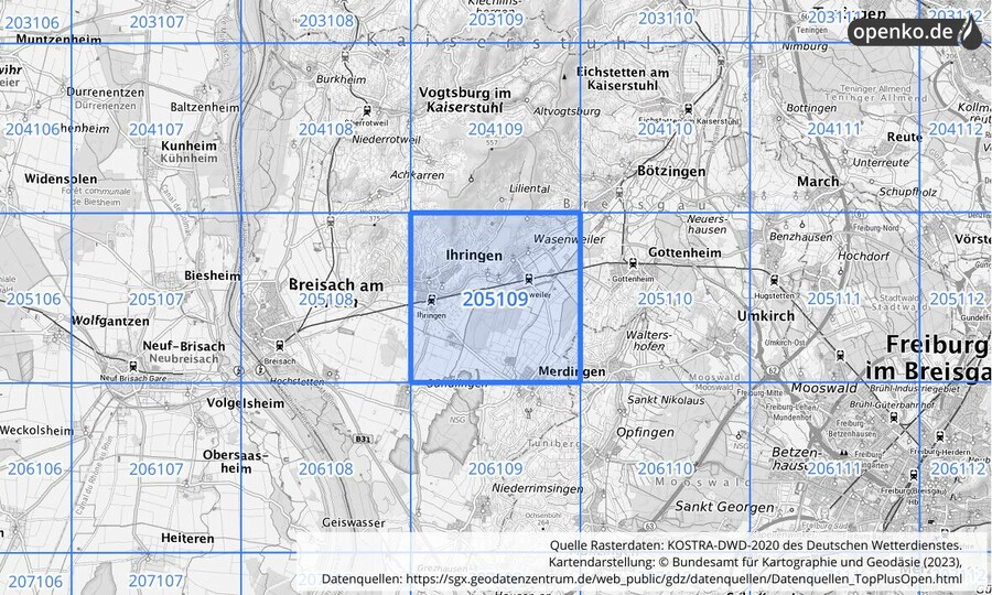 Übersichtskarte des KOSTRA-DWD-2020-Rasterfeldes Nr. 205109