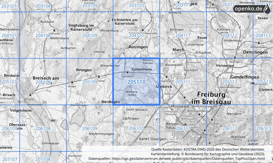 Übersichtskarte des KOSTRA-DWD-2020-Rasterfeldes Nr. 205110