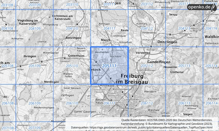 Übersichtskarte des KOSTRA-DWD-2020-Rasterfeldes Nr. 205111