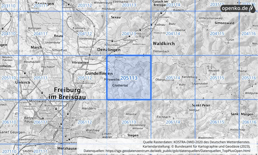 Übersichtskarte des KOSTRA-DWD-2020-Rasterfeldes Nr. 205113