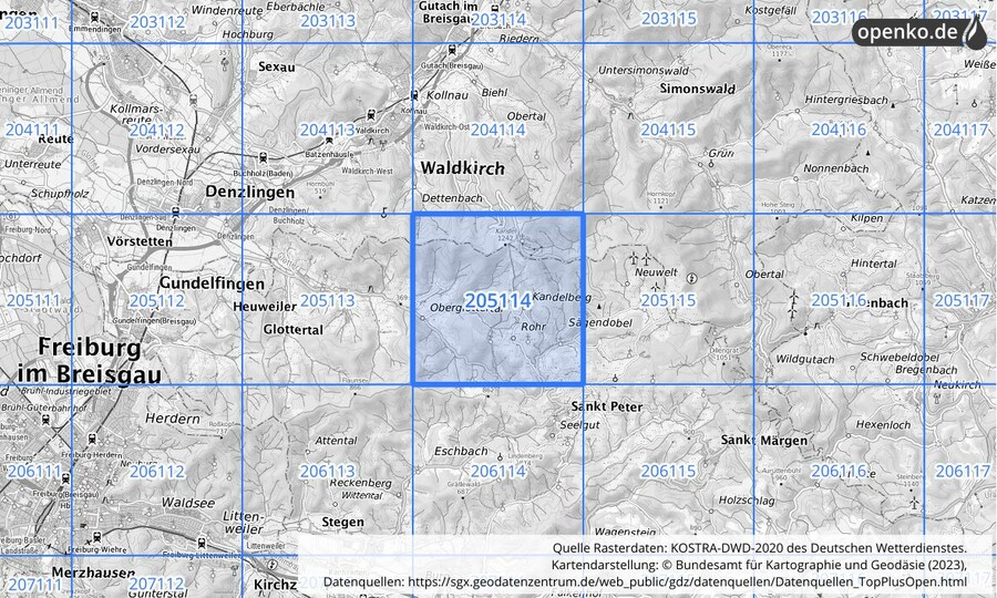 Übersichtskarte des KOSTRA-DWD-2020-Rasterfeldes Nr. 205114