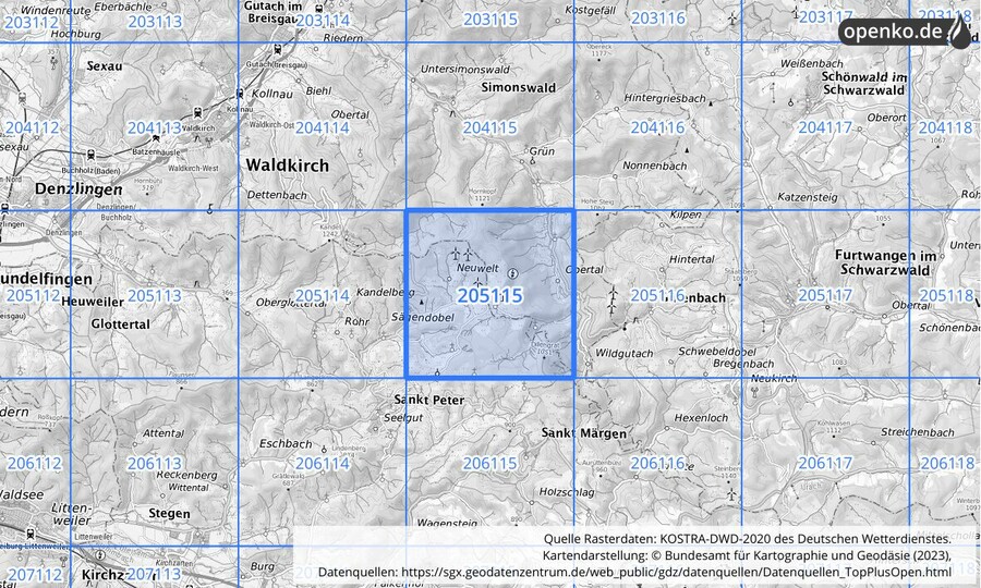 Übersichtskarte des KOSTRA-DWD-2020-Rasterfeldes Nr. 205115