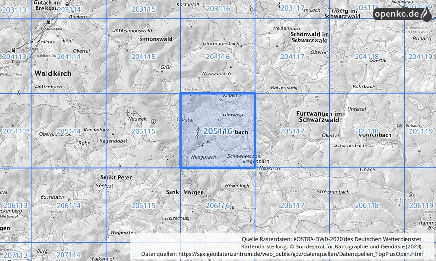 Übersichtskarte des KOSTRA-DWD-2020-Rasterfeldes Nr. 205116