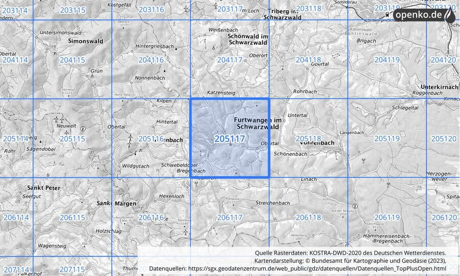 Übersichtskarte des KOSTRA-DWD-2020-Rasterfeldes Nr. 205117