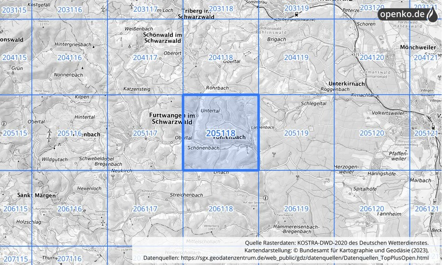 Übersichtskarte des KOSTRA-DWD-2020-Rasterfeldes Nr. 205118
