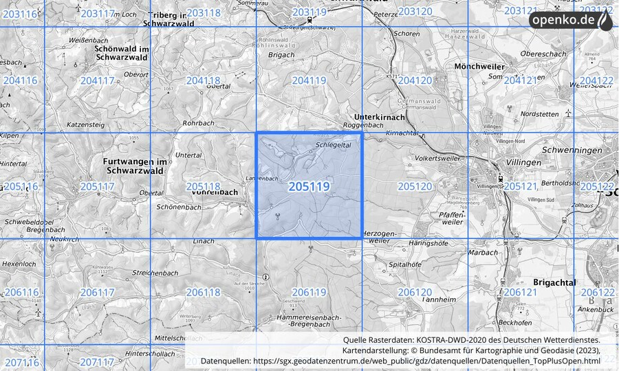 Übersichtskarte des KOSTRA-DWD-2020-Rasterfeldes Nr. 205119