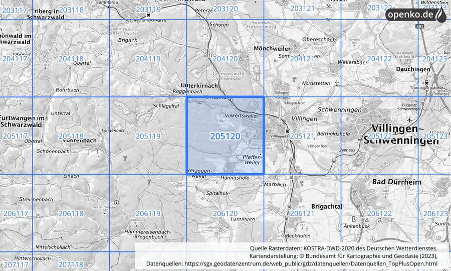 Übersichtskarte des KOSTRA-DWD-2020-Rasterfeldes Nr. 205120