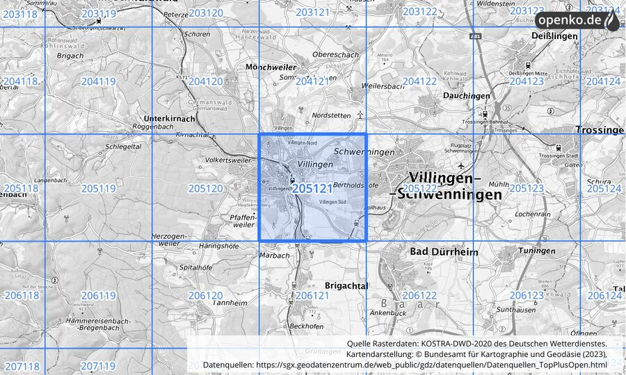 Übersichtskarte des KOSTRA-DWD-2020-Rasterfeldes Nr. 205121