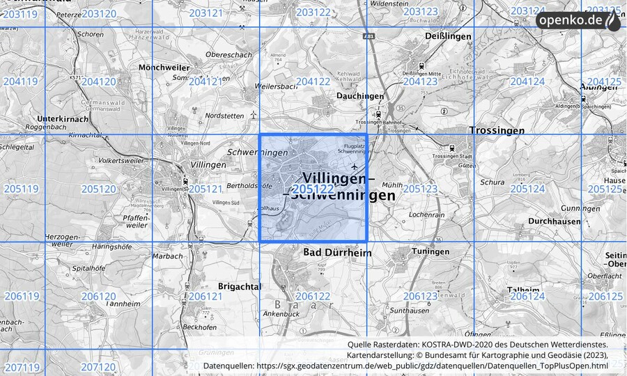 Übersichtskarte des KOSTRA-DWD-2020-Rasterfeldes Nr. 205122