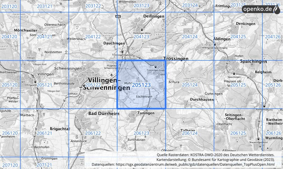 Übersichtskarte des KOSTRA-DWD-2020-Rasterfeldes Nr. 205123