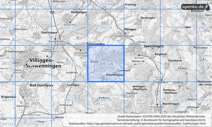 Übersichtskarte des KOSTRA-DWD-2020-Rasterfeldes Nr. 205124