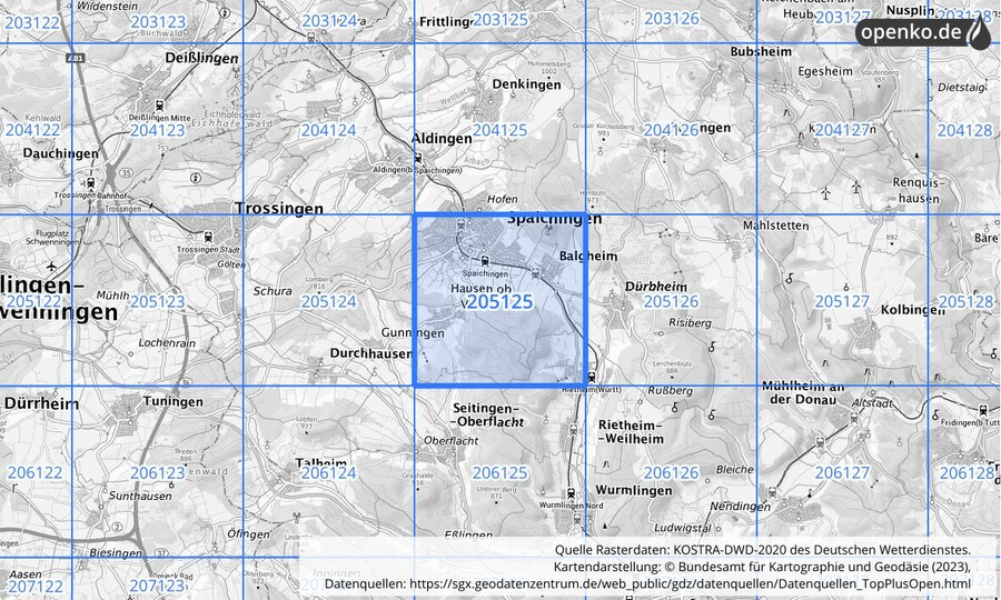 Übersichtskarte des KOSTRA-DWD-2020-Rasterfeldes Nr. 205125