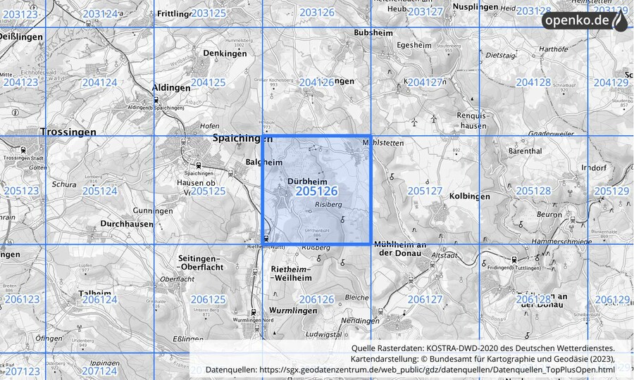 Übersichtskarte des KOSTRA-DWD-2020-Rasterfeldes Nr. 205126