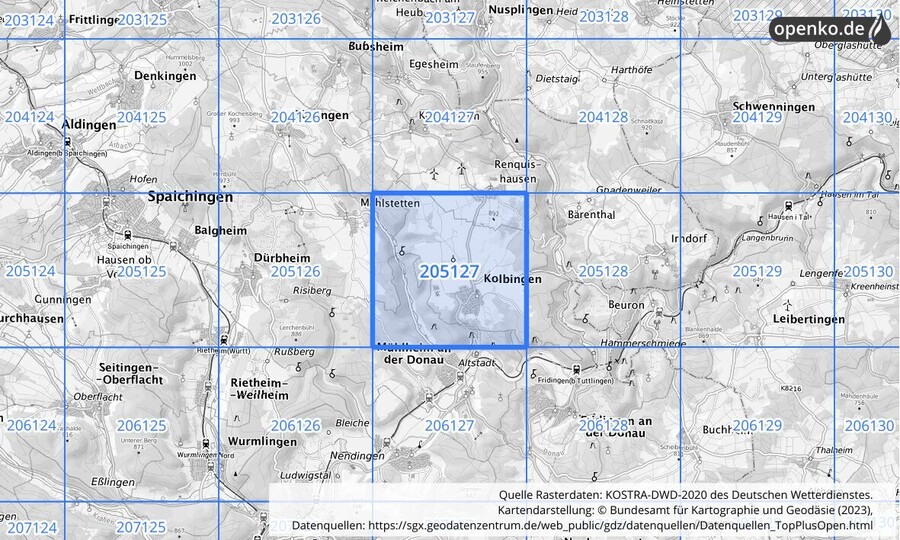 Übersichtskarte des KOSTRA-DWD-2020-Rasterfeldes Nr. 205127