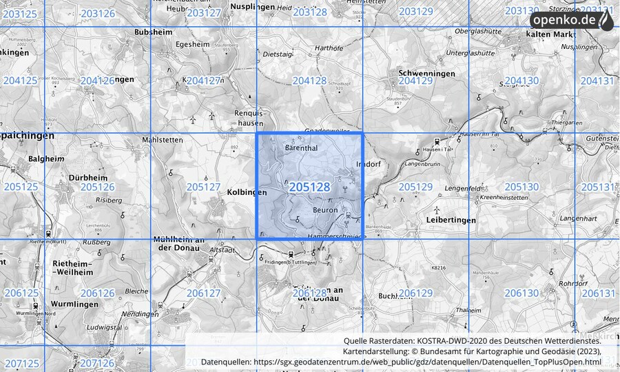 Übersichtskarte des KOSTRA-DWD-2020-Rasterfeldes Nr. 205128