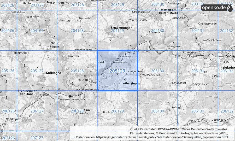 Übersichtskarte des KOSTRA-DWD-2020-Rasterfeldes Nr. 205129