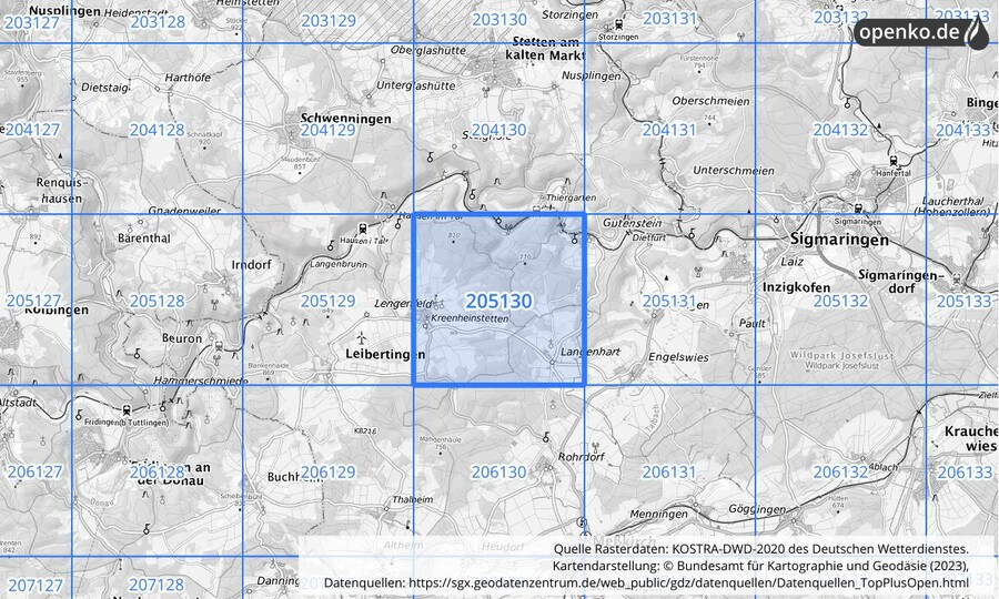 Übersichtskarte des KOSTRA-DWD-2020-Rasterfeldes Nr. 205130