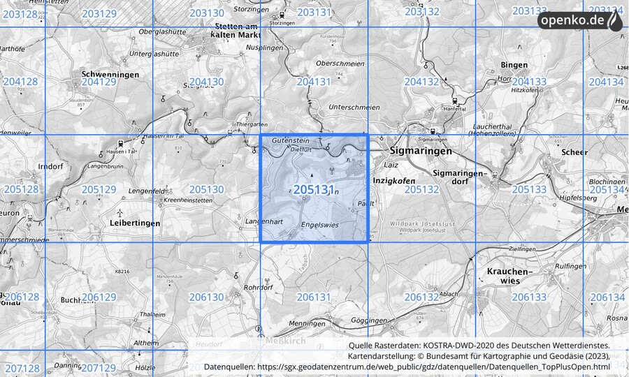 Übersichtskarte des KOSTRA-DWD-2020-Rasterfeldes Nr. 205131