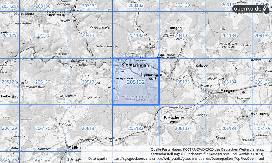 Übersichtskarte des KOSTRA-DWD-2020-Rasterfeldes Nr. 205132