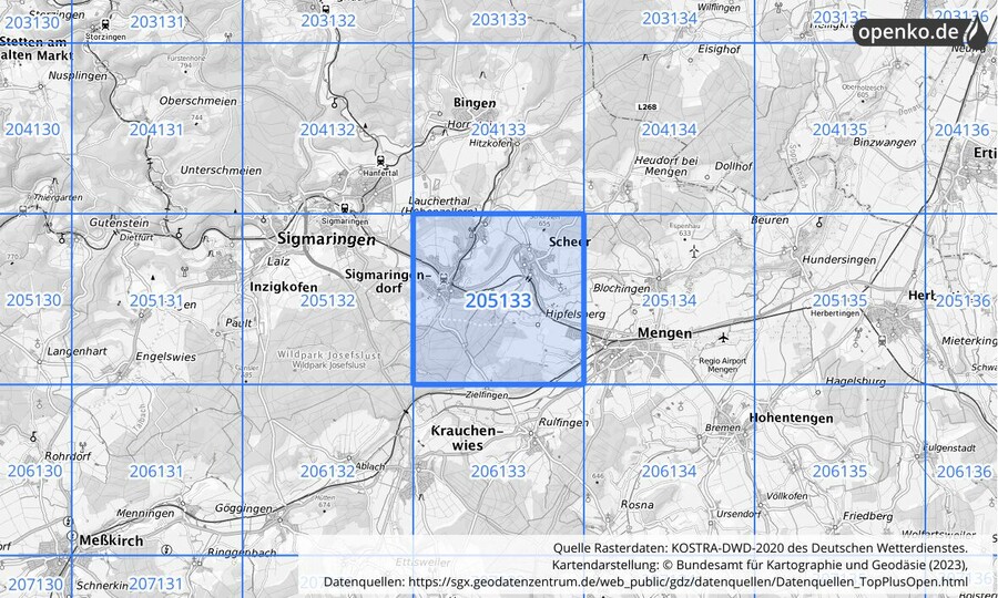 Übersichtskarte des KOSTRA-DWD-2020-Rasterfeldes Nr. 205133