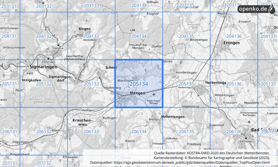 Übersichtskarte des KOSTRA-DWD-2020-Rasterfeldes Nr. 205134